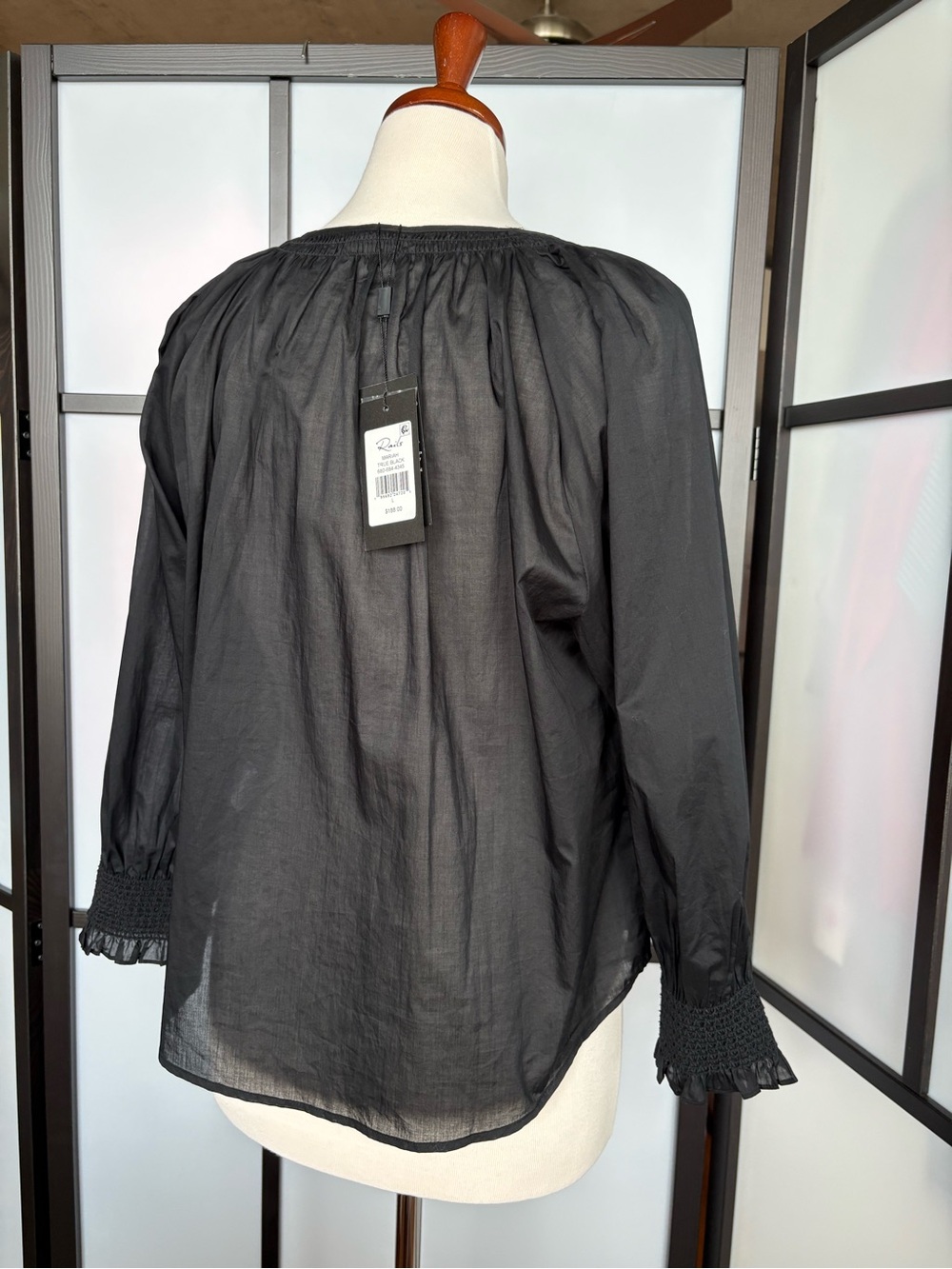 Rails Mariah Blouse True Black Cotton Smocked Peasant Top L NWT - Picture 3 of 14